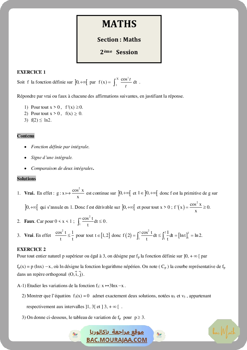 Corrigé controle math Bac 2011 – Section math